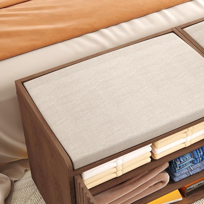 HOMEFORT 23.6" Fluted Shoe Storage Bench, Small Entryway Bench with Linen Seat Cushion, Shoe Cabinet Bench with Adjustable Shelf and Built-in LED Sensor Light, Bench for Bedroom End of Bed,Walnut