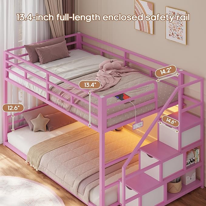 ADORNEVE Low Bunk Bed Twin Over Twin with Storage Stairs, Drawers & Shelves, RGB LED Lights Metal Floor Bunk with Power Outlet, Full-Length Guardrail & Metal Slats, for Small Space, Kids, Pink