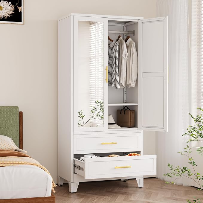 winiowa Metal Armoire Wardrobe Closet with 2 Drawers, 71" Wardrobe Cabinet with Adjustable Shelves and Hanging Rod, Clothing Storage Cabinet Closet with Mirror for Bedroom-White