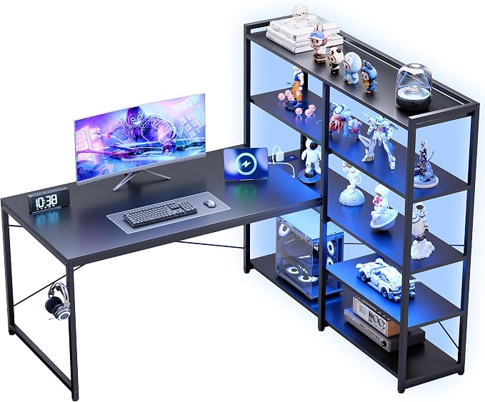 Pamray 49 Inch L Shaped Gaming Computer Desk with Shelves and Storage | Compact Reversible Design with LED Lights & Power Outlets, Suitable for Home Office Bedroom Small Spaces and Dorm Study Work