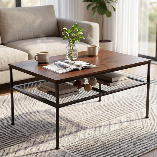 SENIG 2-Tier Coffee Table 35.4" with Iron-Mesh Storage Shelf, Brown Oak | Industrial Wood and Metal Center Table for Home Office Kitchen 35.4" L x 23.6" W