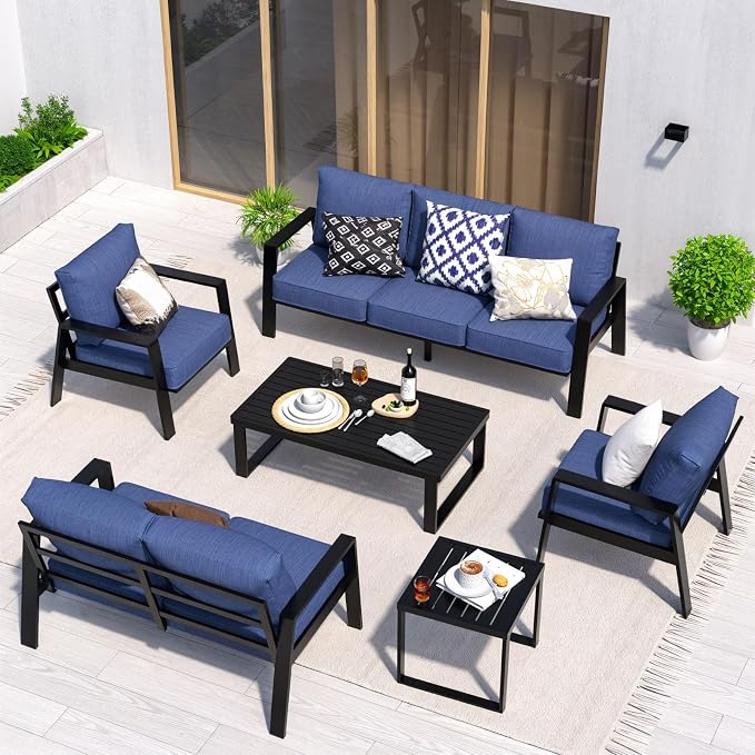 2 Pieces Aluminum Outdoor Armchair, Oversized Patio Couch, Modern Sofa All Weather Metal Furniture Set with 5" Cushions (Black/Blue)