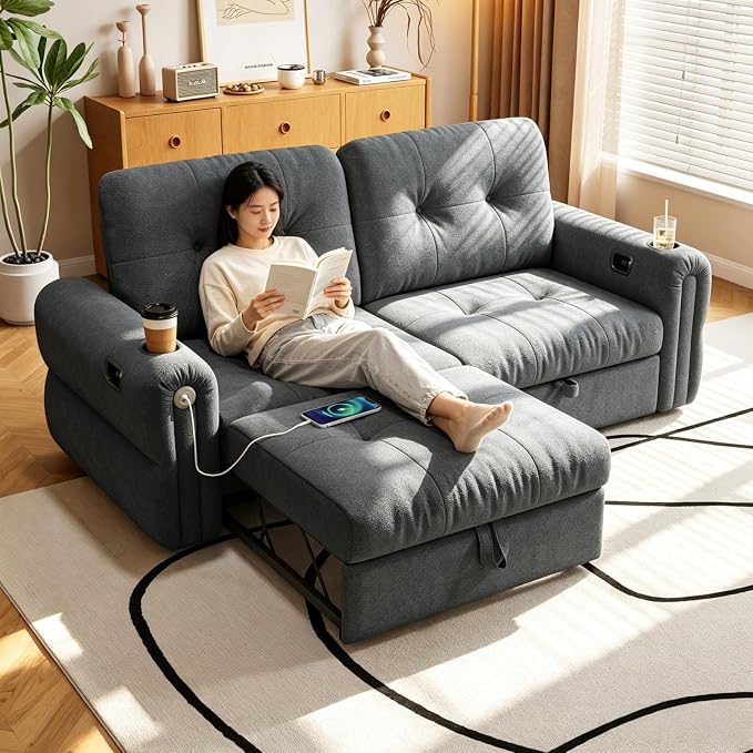 Convertible Couches, Queen Size Pull Out Sofa Bed with USB Charging Port and Cup Holders, Chenille Fabric Convertible Sofa Bed for Small Space, Living Room, Apartment, Guest Room, Dark Grey