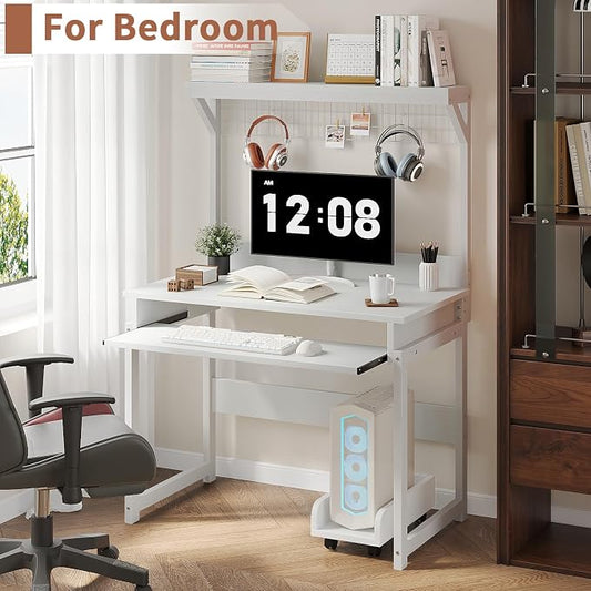 ALISENED 31.5" Small Computer Desk with Hutch, Office Desk with Workstation PC Table, Keyboard Tray & Storage for Gaming, Working, Studying, Space-Saving Design, Easy Assembly,White