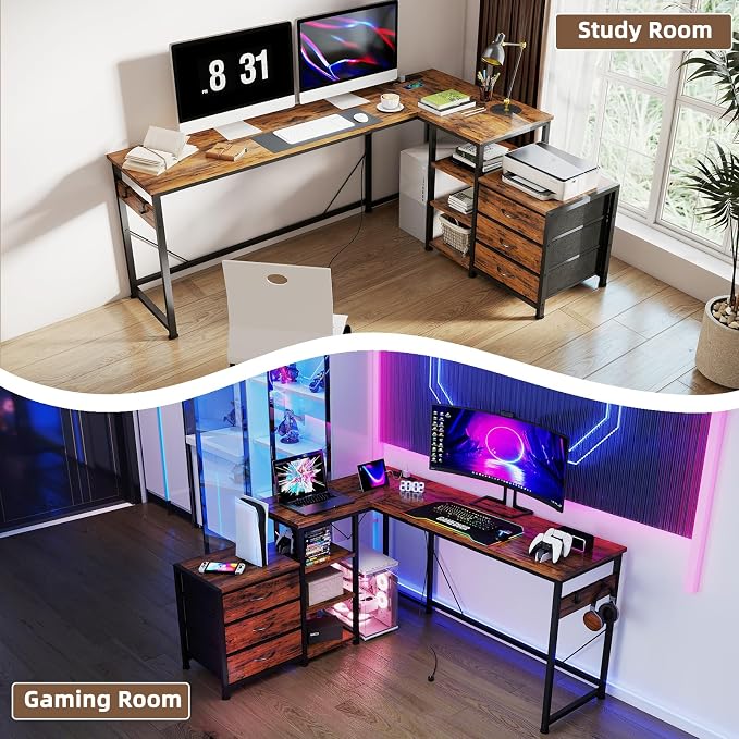 YOSHOOT 55" L Shaped Computer Desk with 3 Fabric Drawers, Gaming Desk | Office Desk with Power Outlets & Open Shelves, Corner Desk L Shape for Home Office Work Study, Rustic Brown