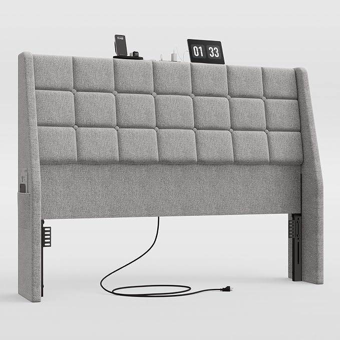 Ergonomic Upholstered Headboard Queen Size w/Charging Station, Linen Wingback Headboards w/Storage Pocket, Queen Headboard Only, Bed Frame Adapters, Sturdy Stable Solid Wood Bed Head Board, Light Grey