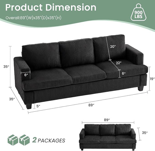 3 Seater Corduroy Couch for Living Room, 89” Black Cloud Sofa, Deep Seat Floor Couch for Bedroom, Futon Modern Sofa Sectional Bed, Black Corduroy