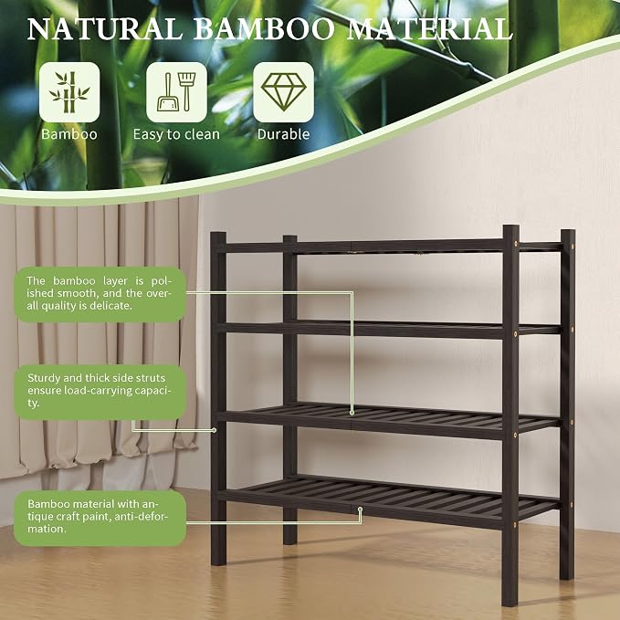 ROMGUAR CRAFT 4 Tier (Thick) Bamboo Shoe Rack for Closet Free Standing Wood Shoe Shelf for Entryway Small Space Stackable 27"x12"x28" (Black Brown)