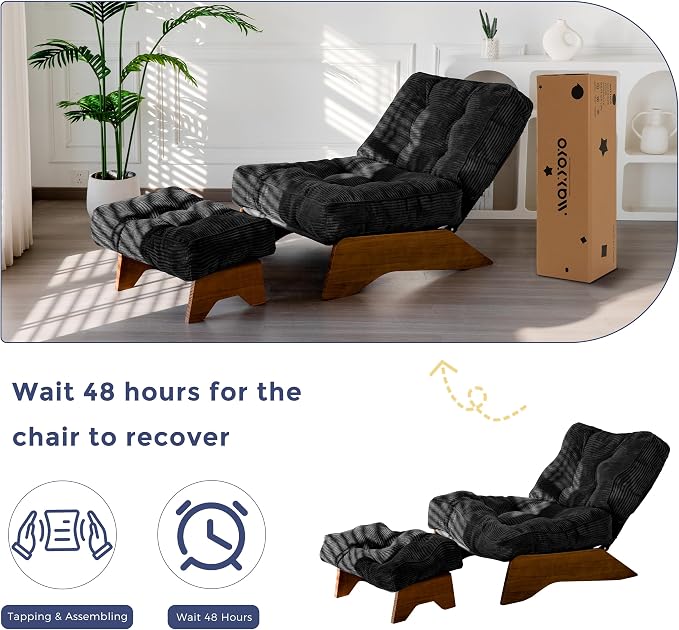 MAXYOYO Accent Chair with Ottoman Adjustable Backrest, Tufted Living Room Chair Upholstered Lounge Chair with Footrest Set, Modern Chair Cozy Reclining for Reading Room, Black
