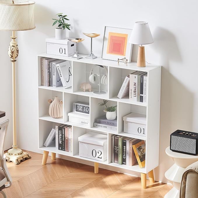LEYAOYAO 10 Cube Bookshelf,3 Tier Modern Wide Bookcase with Legs,Mid-Century Wood Bookshelves Storage,White Large Book Case,Freestanding Organizer Display Shelf for Bedroom,Living Room,Office