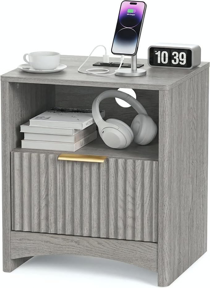 Marsail Fluted Nightstand, Wooden Nightstands with Drawers, Modern Bedside Table with Charging Station and Storage, End Table with Storage Side Table for Bedroom, Grey