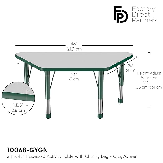 FDP Trapezoid Activity School and Classroom Kids Table (24 x 48 inch), Chunky Toddler Legs for Collaborative Seating Environments, Adjustable Height 15-24 inches - Gray Top and Green Edge