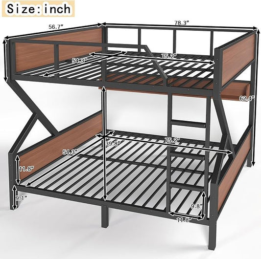 KEIKI Full Over Full Bunk Bed, Heavy Duty Metal Bunkbed with Storage Shelves, Lights, Bottom Space & Guardrail for Aldults Dorm Bedroom Guest Room, No Box Spring Needed, Noise-Free Design