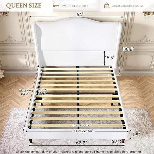 koorlian Queen Size Bed Frame with 51" Tall Headboard, Fully Upholstered Platform Bed Frame with with Soft Fabric, Sleigh Wingback, Solid Wood Retro Legs, Modern Minimalist Style, Easy Assembly, White