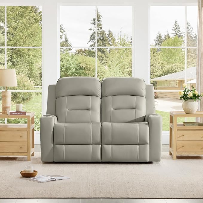Watson & Whitely Genuine Leather Power Loveseat Recliner Sofa, Lay Flat Loveseat Reclining Sofa with Power Headrest, Cup Holders, USB & Type-C Ports, Dual Recliners for Living Room, Grey
