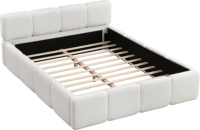 Merax Queen Size Boucle Platform Bed with Thick Headboard and Footboard, Block Style Upholstery Grounded Bed Frame, White