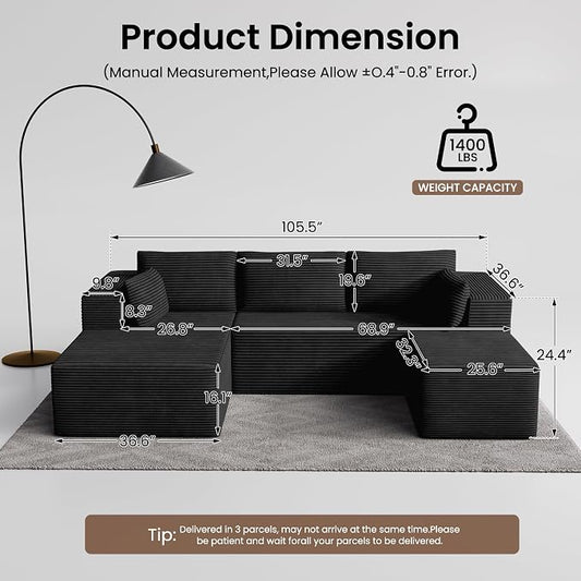 106" Cloud Sectional Boneless Couches for Living Room, Modular U Shaped Couch with Deep Seat, Removable Ottoman, Memory Foam Compressed Spineless 4 Seater Sofa for Bedroom Apartment, Black