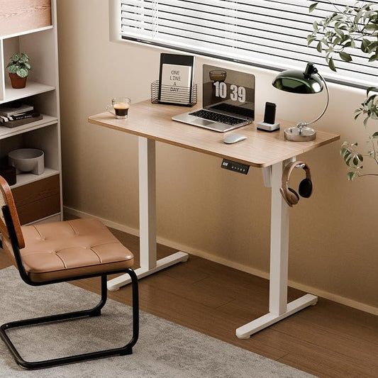 35" Electric Standing Desk Adjustable Height, Small Sit Stand Desk for Home Office & Computer Workstation, Compact Work Desk with Cable Management (Light Walnut)