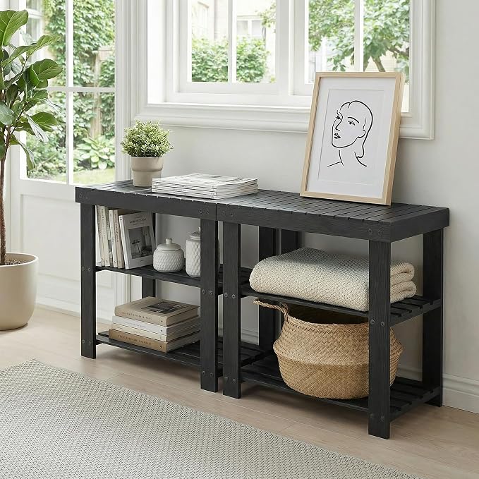 GAOMON Sturdy 3-Tier Bamboo Shoe Rack Bench – Modern Entryway Organizer with Storage Shelf & Seating, Supports 130kg, Multipurpose Furniture for Closet, Bedroom, Living Room – Black