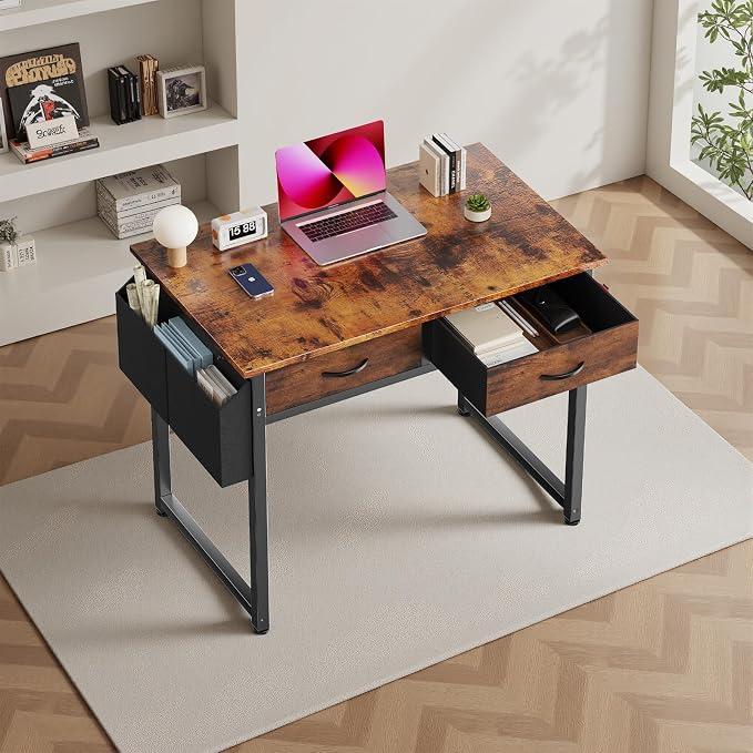 DUMOS 32" Home Office Computer Desk with Drawers, Small Gaming Writing Study Table with Storage Side Bag, Headphone Hook and Adjustable Feet for Bedroom Rustic Brown