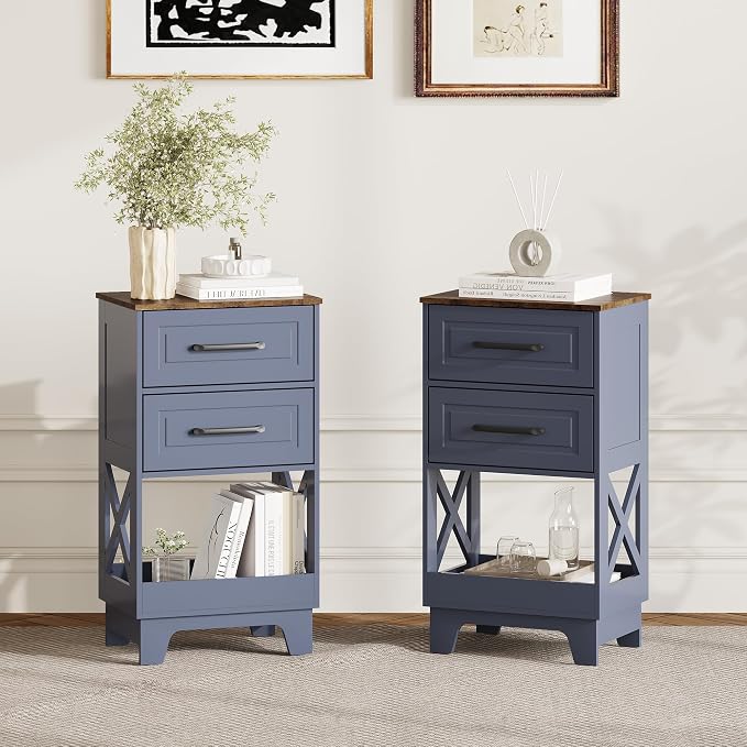 Tall Nightstand Set of 2 Side Table Modern Night Stand with 2 Drawers Wooden Rustic End Table Bedside Table with Upper Open Shelf Solid Feet for Bedroom Navy Blue+Walnut