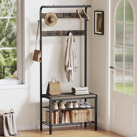 NEWBULIG Coat Rack, Hall Tree with Shoe Bench, 4-in-1 Entryway Organizer with 10 Hooks and Storage Shelf, Rustic Wood Entryway Bench for Mudroom, Living Room, Bedroom, Grey
