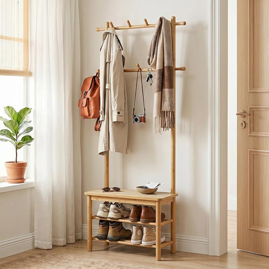 Giantex 3-in-1 Hall Tree with Bench and Shoe Storage, Bamboo Coat Rack Freestanding w/PE Rattan Bench, 11 Hanging Rods, 3 Tier Shoe Rack, Narrow Mudroom Storage Organizer for Entryway Bedroom,Natural
