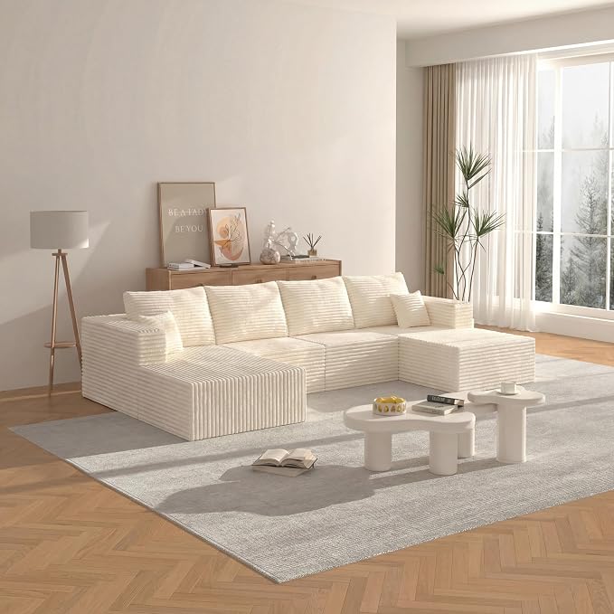 138" Modern Modular Sectional Sofa, U-Shaped Cloud Couch, Soft Corduroy Boneless Couch with 3060 High Rebound Memory Foam, Sectional Couches for Living Room-Beige(Left Facing Chaise)