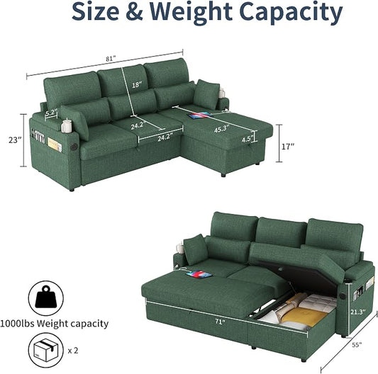 81" L-Shaped Sectional Sofa Couch, Pull-Out Sleeper Sofa Bed with Storage Chaise, Double Cup Holders, Dual USB Charging Ports, Couches for Living Room Apartment