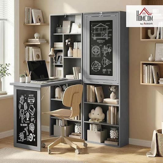 HOMCOM Foldable Convertible Writing Table, Wall Mounted Space-Saving Computer Desk with Chalkboard and Storage Shelves for Small Spaces, Home Office, Bedroom, Dorm, Apartment, Charcoal Gray
