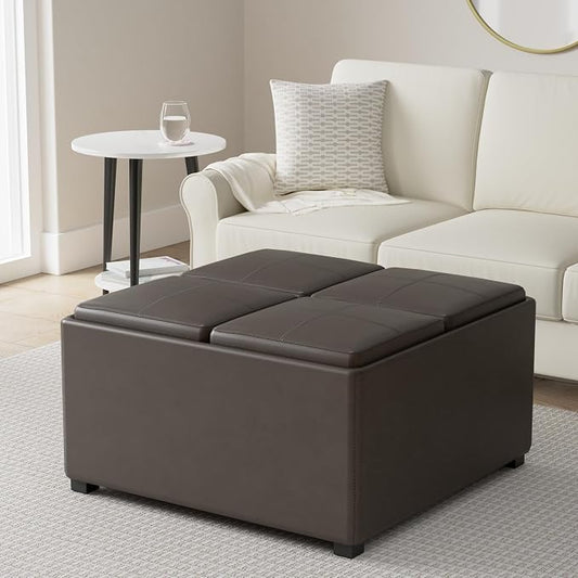 SIMPLIHOME Avalon 35 inch Wide Contemporary Square Coffee Table Storage Ottoman in Chocolate Brown Vegan Faux Leather, Assembled, For the Living Room and Bedroom