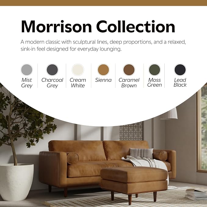 SIMPLIHOME Morrison 33 inch Wide Ottoman in Sienna Genuine Leather, Multifunctional Footrest, Coffee Table, and Extra Seating for Living Room, Mid-Century Modern Style