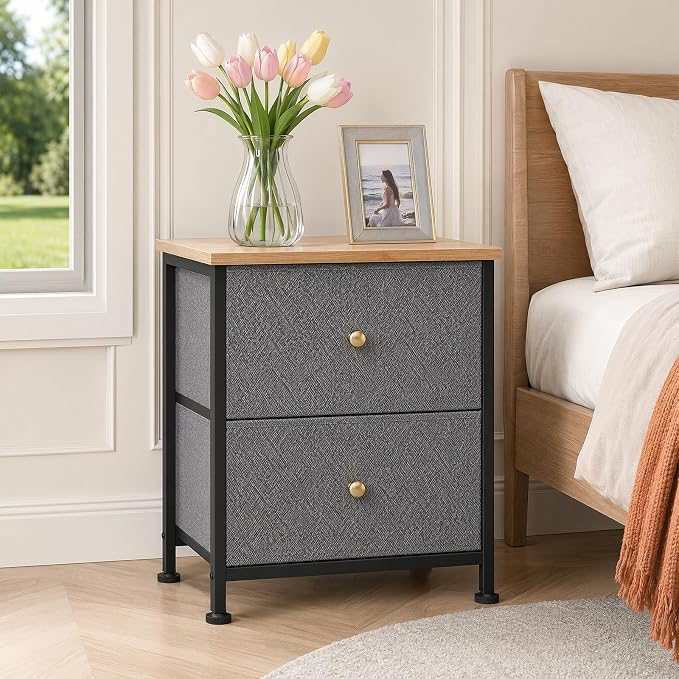Sweetcrispy Nightstand with 2 Storage Drawers, Small Bedside Table, Blue | 20" Height End Table, Wooden Top Fabric Cabinet for Bedroom, Furniture, Closet, College Dorm