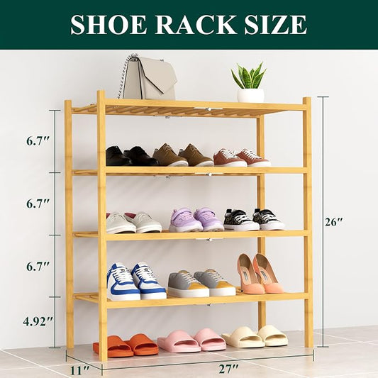 Smiry Bamboo Shoe Rack, 4 Tier Free Standing Wooden Shoe Organizer, Stackable Wood Shoe Storage Shelf for Closet, Entryway, 14 Vertical Slats, 2+2 Stack Heavy-Duty Legs, 26.8"x11"x26", Natural