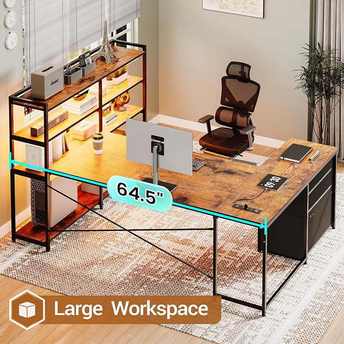 SEDETA L Shaped Desk with Storage Shelves, 64.5" Reversible U Shaped Office Desk with 3 Fabric Drawers, Gaming Desk with Power Outlet & LED Strip for Home Office, Rustic Brown