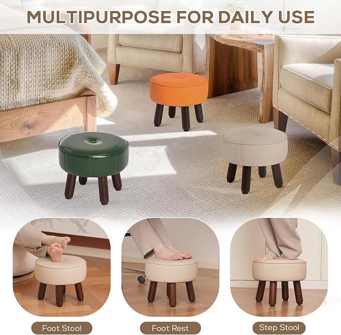 oakvivo 13in Small Foot Stool Ottoman, Round Faux Leather Foot Rest for Couch, Under Desk Pouf Footstool Footrest with Non-Skid Rubber Legs for Ling Room, Bedroom, 13''L x 13''W x 10.2''H, Beige