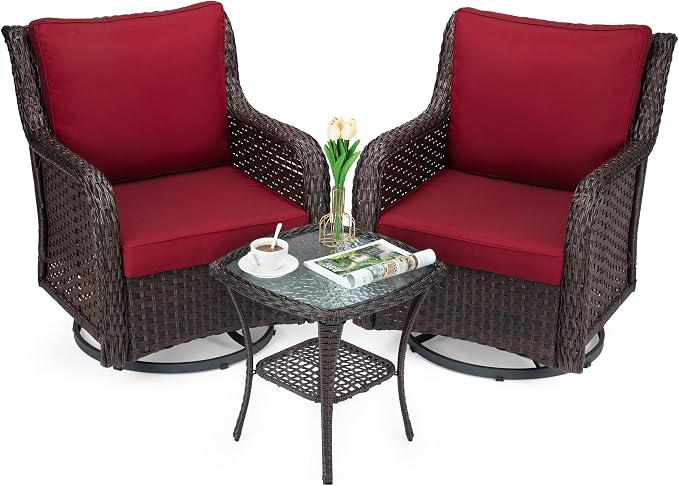Towallmark Outdoor Swivel Wicker Glider Patio Chairs with Table Set, 3 Pieces Outdoor Bistro Set with 4”Thick Cushions and Coffee Table for Porch, Balcony, Deck (Red)
