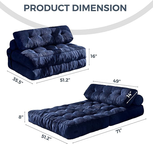 MAXYOYO Folding Sofa Bed, Convertible Chair with Pillow Foldable Couch with Back Support, Portable Fold Out Chair Bed Comfy Floor Sofa Lounge for Living Room Bedroom, Navy Double