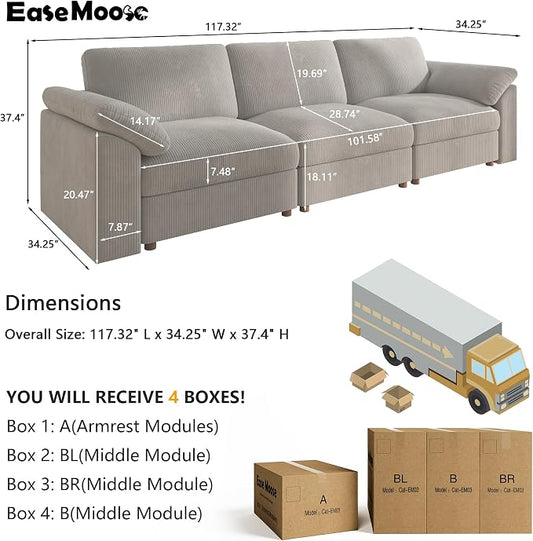 EASE MOOSE Large Sectional Modular Sofa,Modern Comfy 3 Seat Cloud Modular Couch, Modern Deep Seat Sectional for Living Room,Light Gray