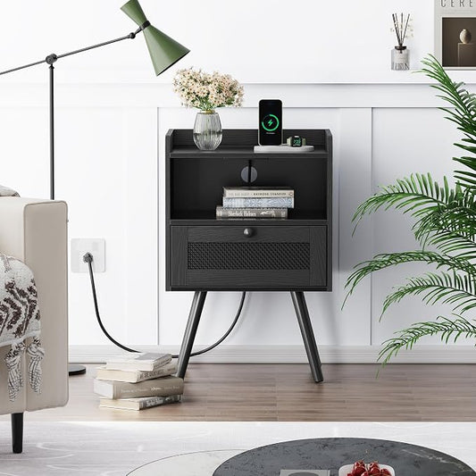 SUPERJARE Nightstand with Charging Station, Bedside Table with Texilene Surface Drawers, Rattan Side Table with Storage & Solid Wood Feet, End Table for Bedroom, All Black