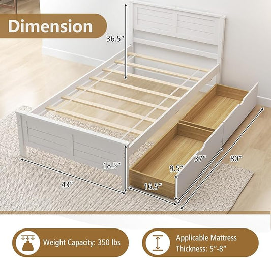 KOMFOTT Twin Size Wood Bed Frame with 2 Storage Drawers, Mid Century Platform Bed Frame with Headboard, Sturdy Wooden Slats Support, Modern Mattress Foundation, No Box Spring Required, Easy Assembly