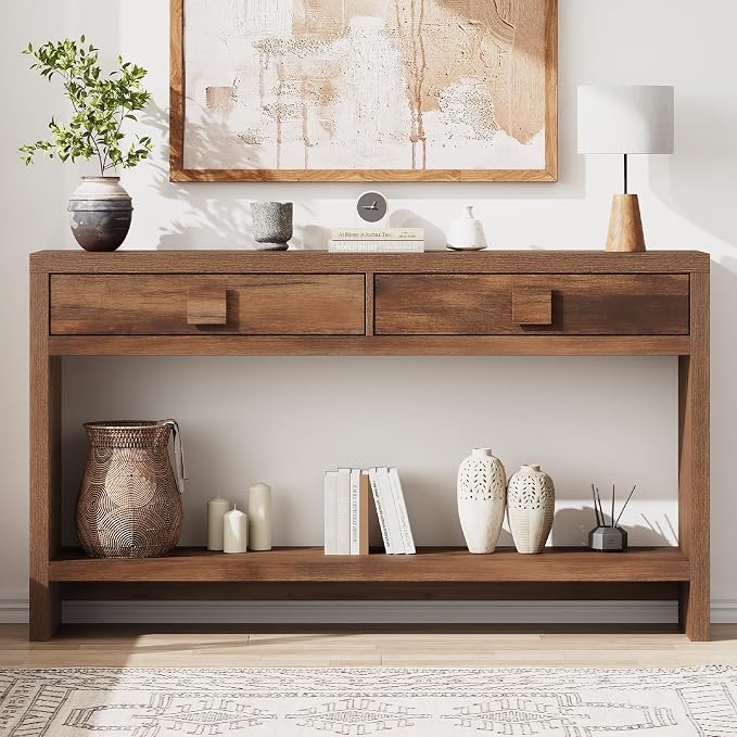 ONBRILL Console Table with Drawers, 55 Inch Narrow Entryway Table with Open Storage Shelves, Mid Century Modern Hallway Accent Tables Behind Couch Table for Living Room (Vintage Brown)