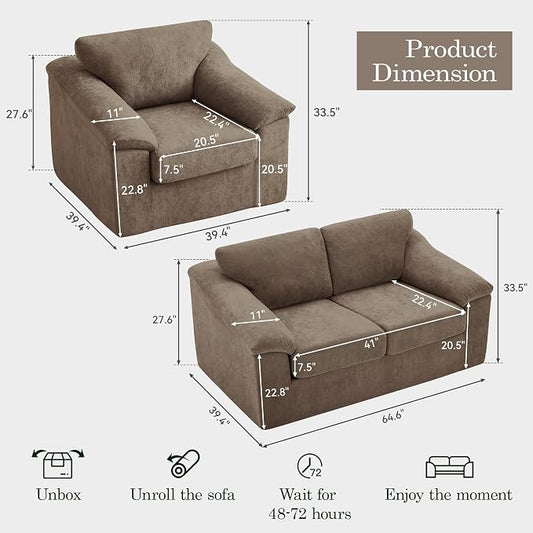 Boneless Couch Sets, Modern Loveseat Sofa with Accent Sofa Chair, Floor Cloud Couch Sets with Extra Comfy Soft Deep Seats for Living Room, Apartment, No Assemby, Set of 2, Brown