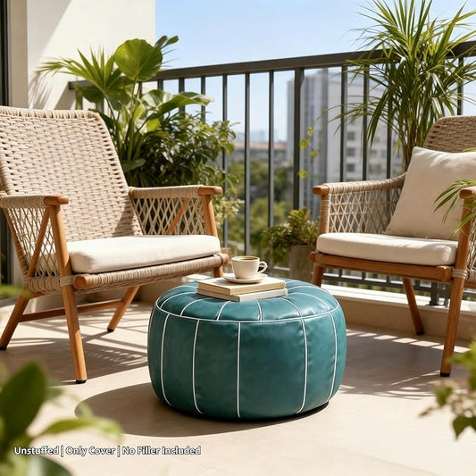 Thgonwid Unstuffed Moroccan Storage Pouf Foot Stool Ottoman Seat Handmade Faux Leather Bean Bag Floor Chair Foot Rest for Living Room, Bedroom or Balcony (Teal Blue)
