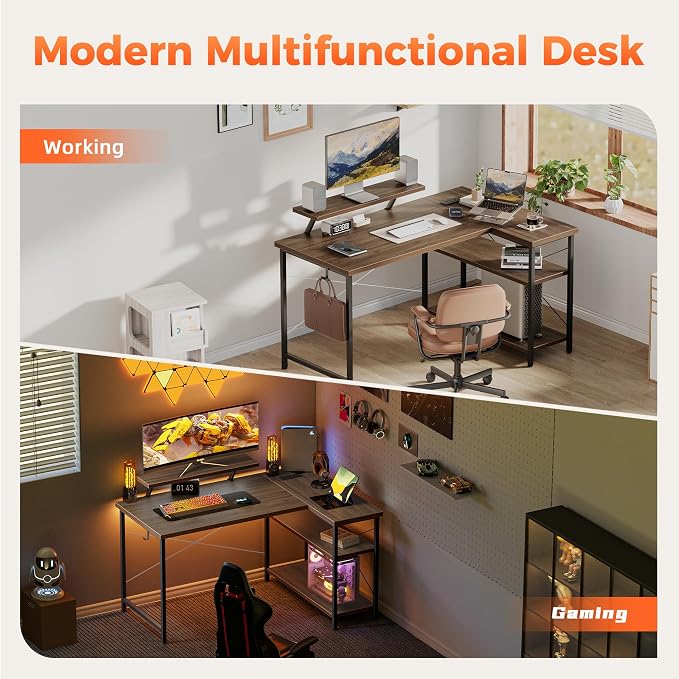 Mericonia Small L Shaped Computer Desk with Power Outlets, Reversible Gaming Desk with Storage Shelves & Monitor Stand, Corner Gamer Desk Table, Study Writing Table