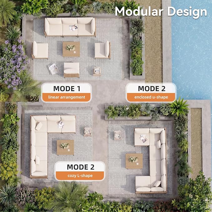 Aoxun 5-Piece Patio Furniture Set, Wicker Outdoor Furniture with Water Resistant Thick Cushions, Patio Conversation Set Outdoor Sectional Sofa with Coffee Table for Backyard Poolside, Beige