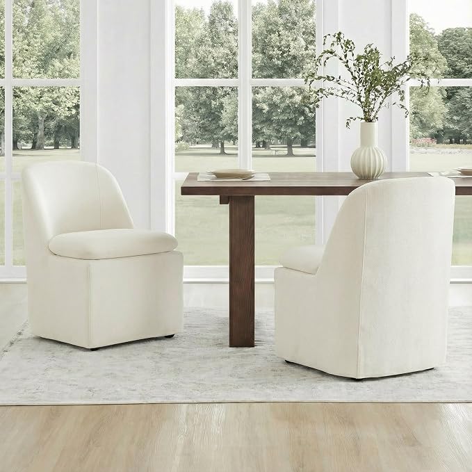 KISLOT Upholstered Dining Chairs Set of 4 with Casters, Modern Side Armless Deskchair with Washable Slipcover & Sturdy Metal Frame for Diningroom Bedroom Livingroom Reading Room, Beige Fabric
