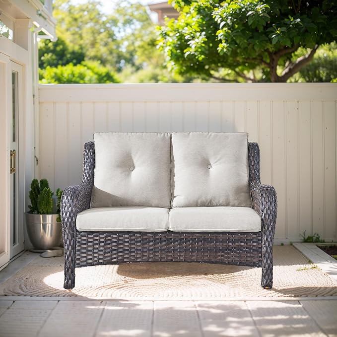 Outdoor Loveseat Sofa-2 Seater Rattan Wicker Patio Couch High Back Patio Sofa for Porch Deck Backyard-Brown/Beige