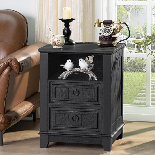 Joaxswe 18" Night Stands Set of 2 with Charging Station, Farmhouse 2 Drawers End Table Dresser for Bedroom, Black Wooden Nightstand, Bed Side Table with Open Shelf, Bedside Cabinet for Living Room