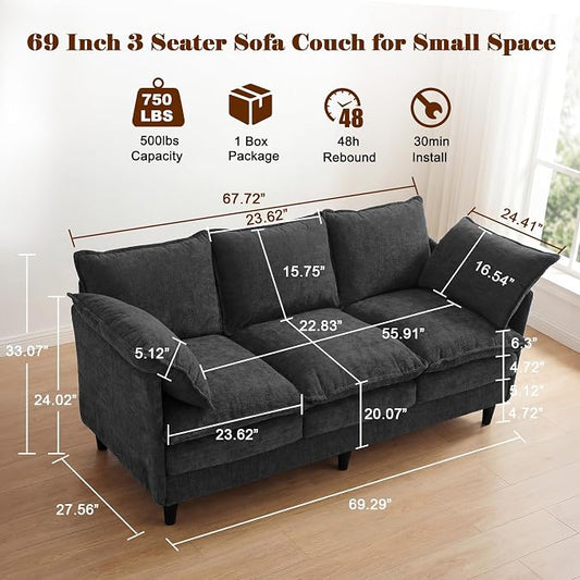 3 Seater Couch Sofa, 69" Small Couch Modern Cozy Comfy Cloud Chenille Sofa 23" Deep 1 Box & 2 Pillows & Washable Cover Couches for Living Room Bedroom Apartment Office 69-Black-1